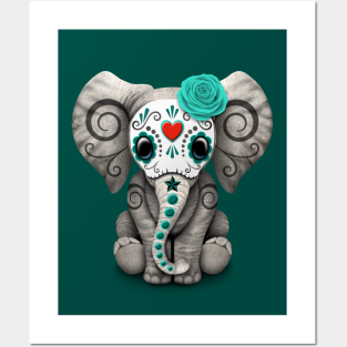 Day Of The Dead Wall Art - Teal Blue Day of the Dead Sugar Skull Baby Elephant by jeffbartels